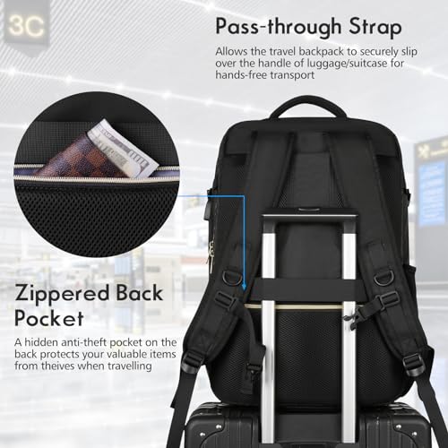 MOMUVO Large Travel Backpack Women, Flight Approved Carry On Backpack with 3 Packing Cubes, Water Resistant Anti-Theft Large Book Bag Fit 18.4 Inch Laptop with USB Charging Port, Black - color: Black-3 Sets, size: 18.4 inch