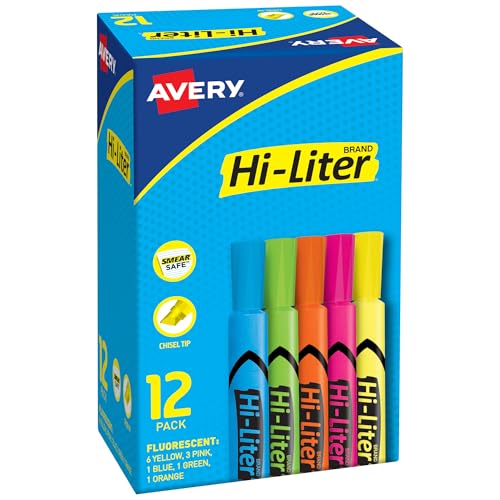 Avery Hi-Liter Desk-Style Highlighters, Smear Safe Ink, Chisel Tip is great for sketch book art, 12 Assorted Colors (98034) - size: 12 Count (Pack of 1), style: 12 highlighters