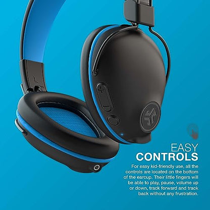 JLab JBuddies Pro Wireless Over-Ear Kids Headphones, 35+ Hour Battery Life, Built-in Volume Regulators for Safety, Share Mode, Folding, Adjustable, Noise Isolation, with Mic, Blue