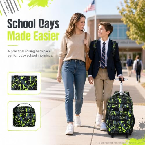3Pcs Rolling Backpack for Boys Men, Travel Roller Backpacks with Wheels for Adults, Teens College Graffiti Wheeled Bookbag with Lunch Box(Green) - color: Airbrush Green