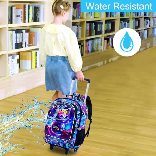 CCJPX 3PCS Rolling Backpack for Girls, Kids Cat Roller Wheels School Bookbag with Lunch Bag, Wheeled School Bag for Toddler Elementary Children - color: Black Cat