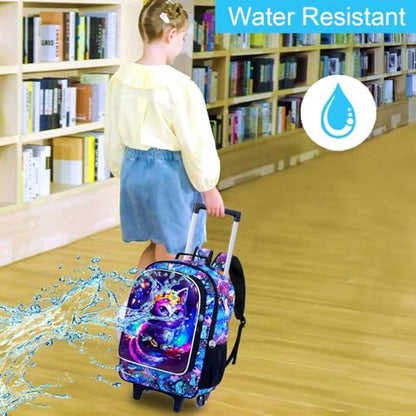 CCJPX 3PCS Rolling Backpack for Girls, Kids Cat Roller Wheels School Bookbag with Lunch Bag, Wheeled School Bag for Toddler Elementary Children - color: Black Cat