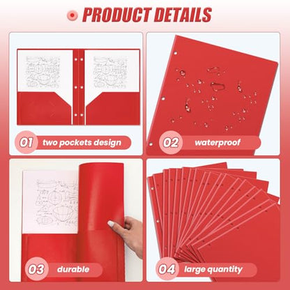 Yeaqee 50 Pcs Plastic Folders with Pockets Bulk 3 Hole Punched 2 Pocket File Folders for 3 Ring Binder Divider Folder for Notebooks, Durable Poly for Office Home (Red) - color: Red