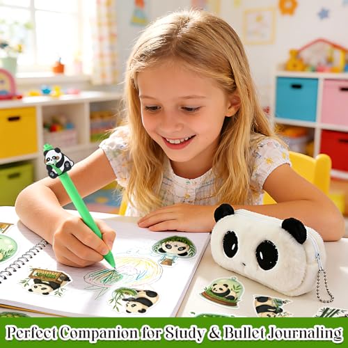 Cute Panda Stationery Set - Fluffy Plush Pencil Case, 4pcs Retractable Gel Pens (Black Ink) & 50pcs Kawaii Panda Stickers - Aesthetic School Supplies Gift for Girls, Teens, and Kids