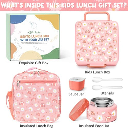 Fimibuke Bento lunch Box Set for Kids Adult with 8oz Insulated Food Jar, Lunch Bag & Sauce Cup, Leakproof Dishwasher Safe Toddler Lunch Food Container with 3-4 Compartment for School Girls Boys - color: A6.Rainbows & Daisies