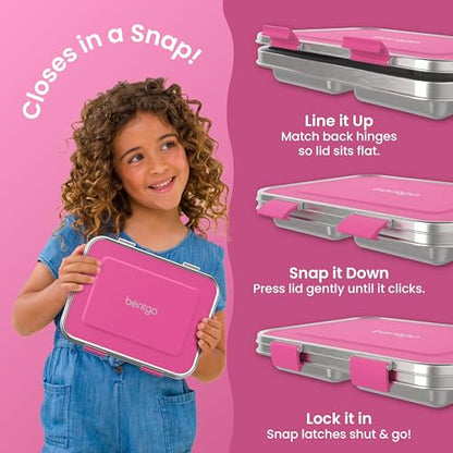 Bentgo Kids Stainless Steel Leak-Resistant Lunch Box - 3-Compartments with Bonus Silicone Container, Durable, Eco-Friendly, Dishwasher Safe, BPA-Free, Ideal for School, Ages 3+ (Fuchsia) - color: Fuchsia