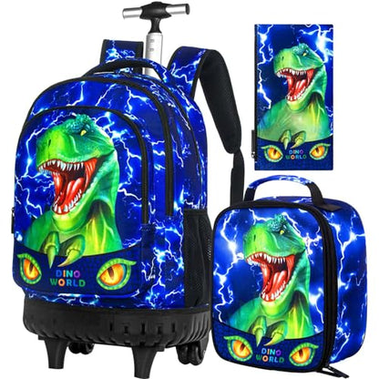 gxtvo 3PCS Kids Rolling Backpack for Boys,Water Resistant Roller Bookbag Set, Cute School Bag with Wheels for Elementary Preschool - Cute Green Dinosaur - color: Lightning Dinosaur Rolling Set
