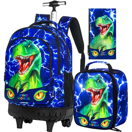gxtvo 3PCS Kids Rolling Backpack for Boys,Water Resistant Roller Bookbag Set, Cute School Bag with Wheels for Elementary Preschool - Cute Green Dinosaur - color: Lightning Dinosaur Rolling Set