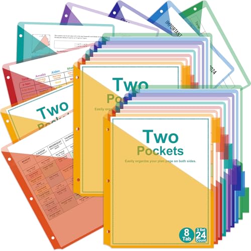 Akuoly 24 Count Pocket Divider for 3 Ring Binders Organizers, Two Pockets per Each Binder Divider, Plastic Tab Dividers, Bright Colors, for School Teachers Office Without Hole-Punching