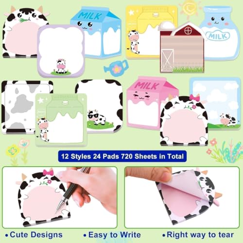 Fancy Land 24 Pads Cute Sticky Notes Cartoon Animal Pattern Sticky Notes for Teachers Classrooms 720 Sheets Memo Pads Teacher Appreciation Gift Home Office Supplies Cow - style: Cow