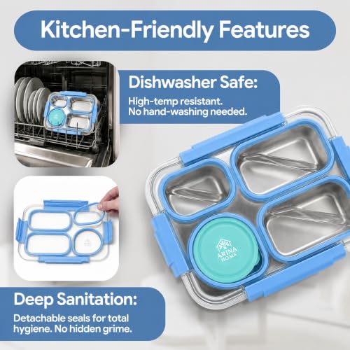 Large 10 x 7.5" Stainless Steel Bento Lunch Box with 4 Compartments Leakproof Lid BPA-Free 304 Stainless Steel Food Container That Keeps Food Separate for Adults and Kids School Office and Travel,Blue - color: Blue