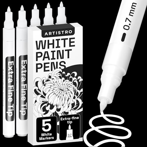 ARTISTRO 5 White Paint Pen for Rock, Glass, Ceramic, Wood, Tire, Fabric, Metal, Canvas, Marking, Painting - Set of 5 Acrylic Paint Markers Water-based - color: White, style: Extra Fine Tip