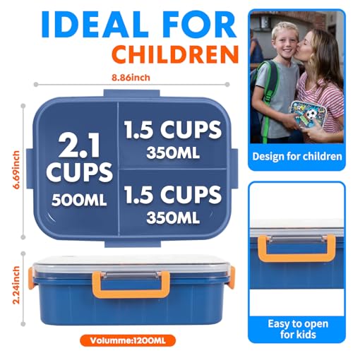 Kids Bento Lunch Box Set with 1200ml Leak-Proof Lunch Containers with 3 Compartments, 22oz BPA-Free Water Bottle, Insulated Lunch Bag for Back to School Kids Girls Boys - color: Soccer