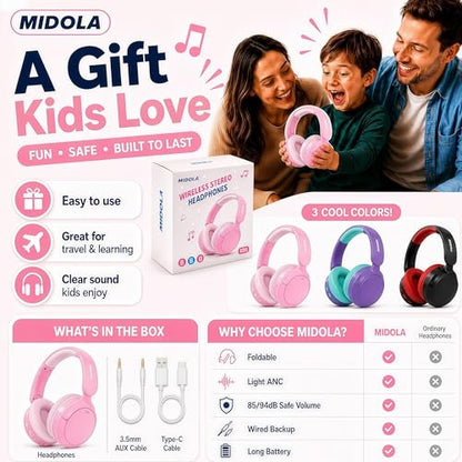 MIDOLA Kids Bluetooth Headphones Active Noise Cancelling,68H Play Time,Lightweight Wireless Foldable Over-Ear Headphone for Kid Toddler,Volume Limited 85/94dB,Headsets with Built-in Mic Pink - color: Pink