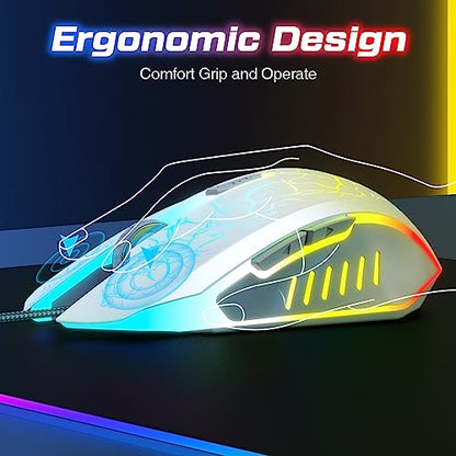 VersionTECH. Wired Gaming Mouse, Computer Mouse Ergonomic Mice with 7 LED Lights RGB Backlit, 6 Programmable Buttons, 4 Adjustable DPI for Laptop PC Gamer Desktop Chromebook Mac Games-White - color: white