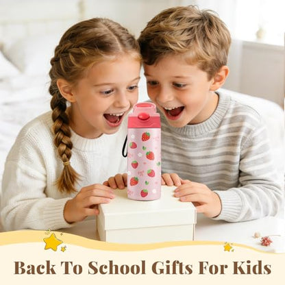 12oz Strawberry Kids Water Bottle, Bows Water Bottle for School, Pink Kids Insulated Bottles with Straw & Handle, Leak-Proof, BPA-free, Straw Lid, Stainless Steel for Travel Gift Cup for Girls(1pc) - color: Strawberry bow