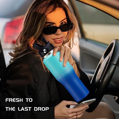 32 OZ Stainless-steel Insulated Water Bottles - Cold 48H & Hot 24H, Leak-Proof Metal Water Flask with Sleeve, Protective Boot, BPA Free Vacuum Insulated 32 Oz Water Bottle Fits In Cup Holder - color: Mint&Cobalt, size: 32 Ounces