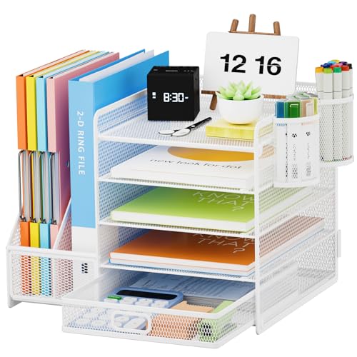 Lavatino Desk Organizer with File Holder, 5-Tier Paper Letter Tray Organizer with Sliding Drawer and 2 Pen Holder, Mesh Desktop File Organizer for Office Supplies, White - color: White