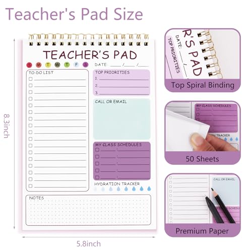 Teacher To Do List Notepad, 8.3x5.8 Inch Teacher Notepad, Spiral Checklist Notebook for Class Schedules, Daily Planner, School Tasks and Goal Setting (Purple) - color: Purple