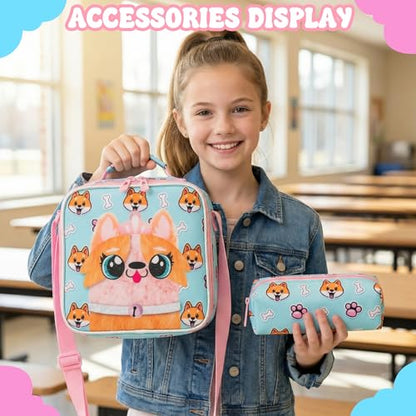 Cute Rolling Backpack for Girls,Lightweight Kids Backpack with Wheels,Wheeled School Bookbag with Pencil Case Lunch Box for Students - color: Orange Dog