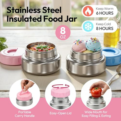 Stainless Steel Bento Lunch Box with 8oz Insulated Food Jar, 3 Compartment Metal Bento Lunch Container for Kids & Adults with Silicone Container and Food Thermo for Work & School, BPA-Free(Pink) - color: Pink