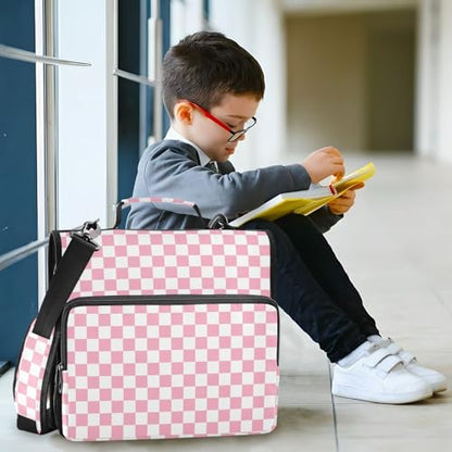 Pink White Checkered Binder Bag 3 Ring Zipper Binders with Shoulder Strap for School Office Organizer Storage - color: Q038