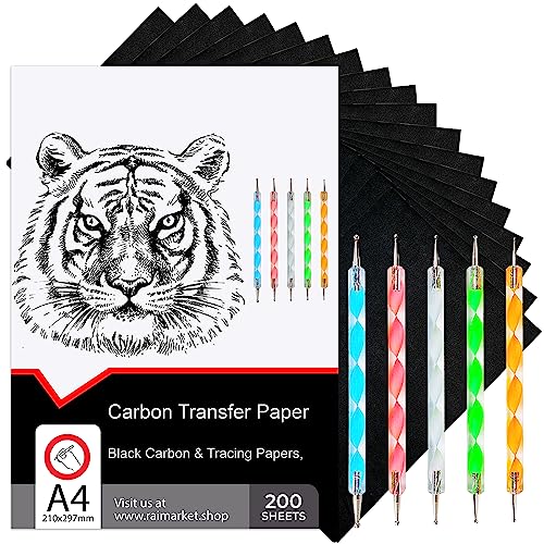 200 Sheets Black Carbon Paper for Tracing On Fabric | Carbon Paper for Tracing on Wood & Canvas, Tracing Paper for Drawing Sewing Patterns, 5 Stylus, A4 Size (9 X 13) Graphite Transfer Paper