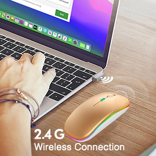 LED Wireless Mouse, Slim Silent Dual-Mode 2.4G+BT Rechargable 7-Color Portable Mobile Optical Office Mouse with USB Receiver, 3 Adjustable DPI Levels for Notebook, PC, Computer, MacBook (GOLD) - color: gold
