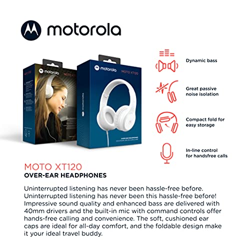 Motorola Sound Moto XT120 Over Ear Headphones Wired with Microphone, in-Line Command Control for Calls - Foldable Wired Headphones with Adjustable Cushioned Headband, Dynamic Bass, 3.5mm Jack - White - color: White