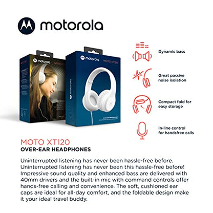 Motorola Sound Moto XT120 Over Ear Headphones Wired with Microphone, in-Line Command Control for Calls - Foldable Wired Headphones with Adjustable Cushioned Headband, Dynamic Bass, 3.5mm Jack - White - color: White
