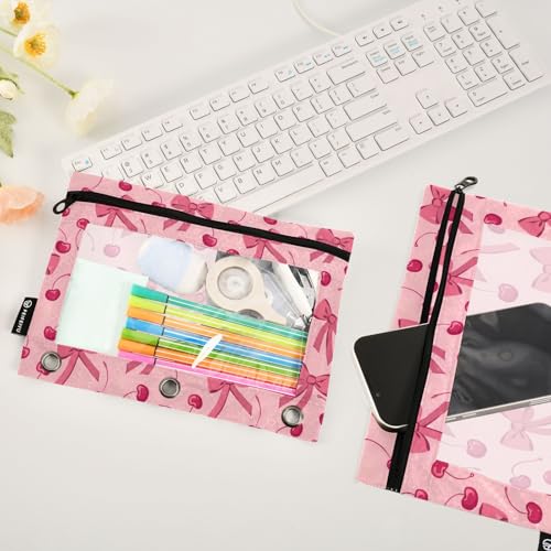 Pink Bow Cherry Pencil Pouch for 3 Ring Binder 2 Pack Zipper Binder Pencil Bag with Clear Window Pencil Case for Office Supplies - color: Multi117