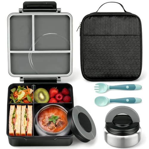 Itslife Bento Lunch Box for Kids with 8oz Soup Thermo&Lunch Bag, Leak-Proof Lunch Food Containers with 4 Compartment, Hot Food Insulated Food Jar for Kids School (Black) - color: Black