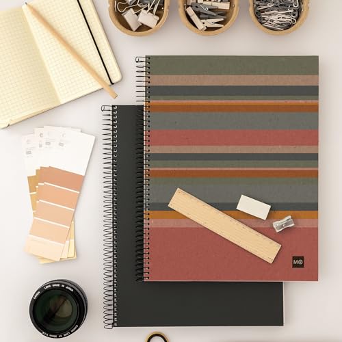 ROARING SPRING M MiquelRius 100% Recycled Collection, Lined 4 Subject Notebooks, 5-Pack, 11" x 8.5", 120 Perforated Sheets, Colored Sections, 3 Hole Punched, Eco Stripes Cardboard Cover