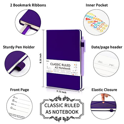 feela 24 Pack Journal Notebook Bulk for Work, Business Notebook Hardcover Lined Writing Journal with Pen Holder for Men Women Note Taking, with 24 Black Pens, 120 GSM, 5.1”x8.3”, A5, Purple - color: 24 Purple