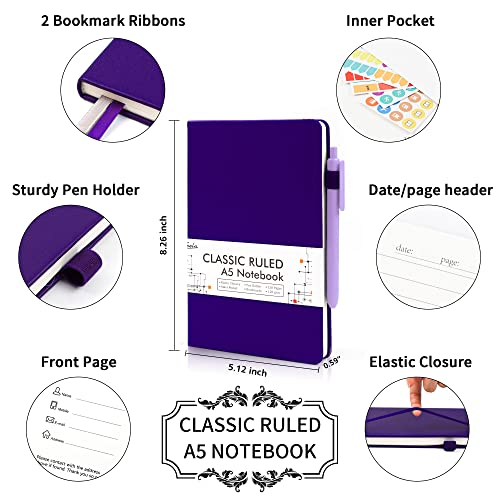 feela 12 Pack Notebooks Journals Bulk, Hardcover Notebook Classic Ruled Journal Set with Pen Holder for School Business Work Travel Writing, with 12 Black Pens, 120 GSM, 5.1”x8.3”, A5, Purple - color: 12 Purple
