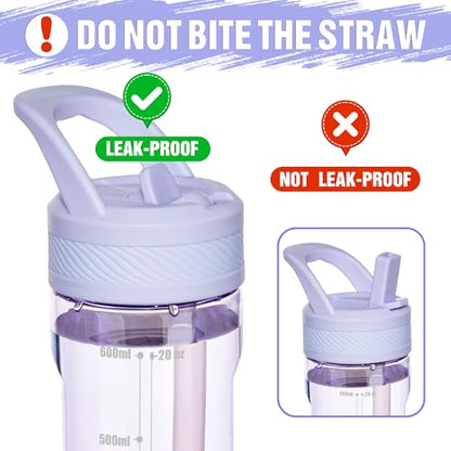 OLDLEY 20oz Kids Water Bottle with Straw, BPA-Free Tritan Water Bottle for School, Leakproof Clear Water Bottle with One Click Open, Measurement Scale, Cup Holder Friendly for Boys Girls,Purple - color: Purple