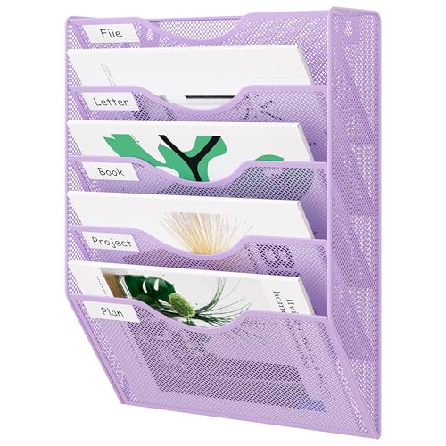 EasyPAG Wall File Organizer 5 Tier Hanging Paper Folder Holder, Zero Assembly Metal Mesh Wall Mounted Mail Organizer for Office Home Classroom Narrow Spaces, Puple - color: Purple, size: 5 Tier