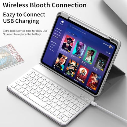kenke for iPad 11/10th Gen Case with Keyboard 11/10.9 inch 2025 A16/2022, Detachable Wireless Bluetooth Keyboard Case with Bulit-in Pencil Holder, White Square Keycaps (Gray - color: Gray