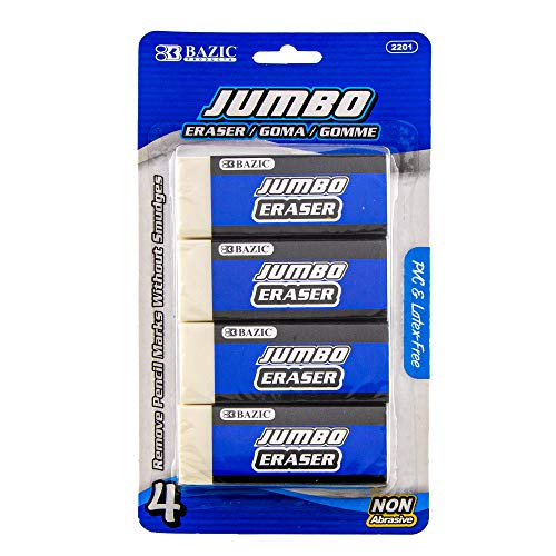 BAZIC Products Jumbo Block Erasers, Latex-Free, PVC-Free, 4 Count | latex-free and PVC-free, large jumbo block erasers, Clean erase, minimal crumbs, school, art, home - size: 1-Pack