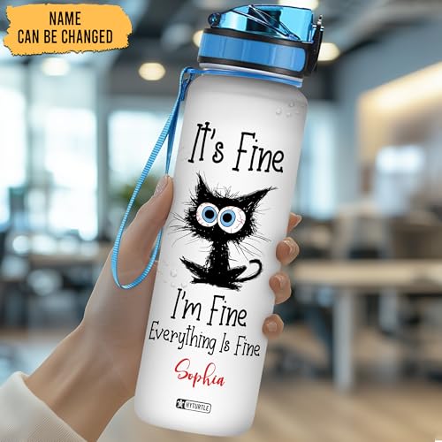 Hyturtle Personalized Black Cat Water Bottle - 32oz Motivational Water Bottle with Leak-Proof Lid & Time Marker - Custom Name Gift for Black Cat Lovers, Women, Girls - Birthday & Christmas Gift - color: Cat