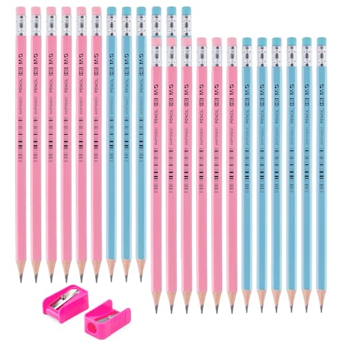 M&G Lucky Series 24 Pack HB Wood-Cased Pencils, Pre-Sharpened with 2 Mini Sharpeners, Cute Blue and Pink Hexagonal Solid Barrels with Matching Erasers for School Office Classroom Supplies - color: Lucky Series Blue & Pink, style: HB
