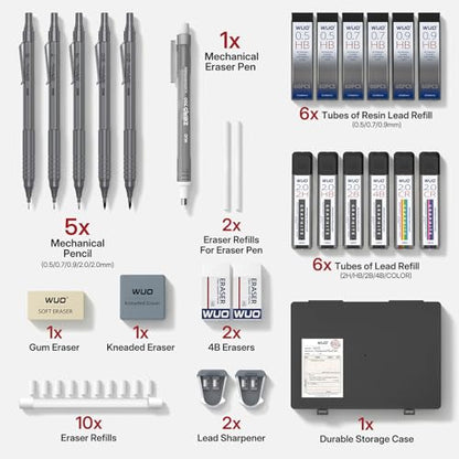 WUO Metal Mechanical Pencil Set, 5-Pack 0.5mm 0.7mm 0.9mm 2.0mm Drafting Pencils with 432 Lead Refills, Precision Eraser Pen, Erasers & Sharpeners for Drawing, Sketching, Writing - color: Grey, size: 0.5/0.7/0.9/2.0