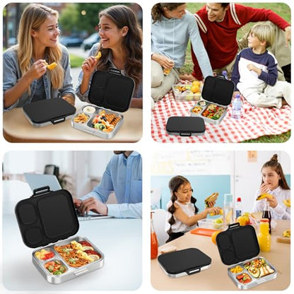 Pawtong Stainless Steel Bento Lunch Box for Kids | 3-Compartment Lunch Box Container Kids | 100% Leakproof, Eco-Friendly, Perfect Portion Control for Kids&Adult Healthy Meals (Black) - color: Black