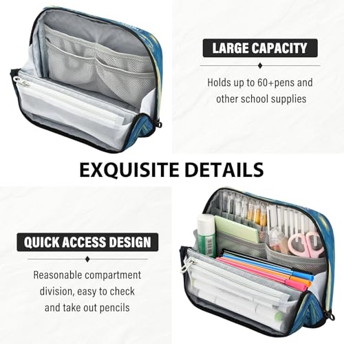 The Starry Night Art Pencil Case Organizer, Large Capacity Stand-Up Pen Pouch with 3 Compartments, Foldable Makeup Bag for School Office Travel Supplies, 8.3 x 5.9 Inch - color: Starry Night
