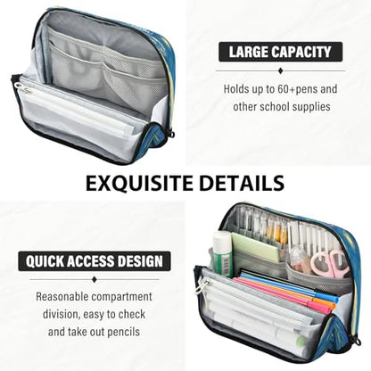 The Starry Night Art Pencil Case Organizer, Large Capacity Stand-Up Pen Pouch with 3 Compartments, Foldable Makeup Bag for School Office Travel Supplies, 8.3 x 5.9 Inch - color: Starry Night