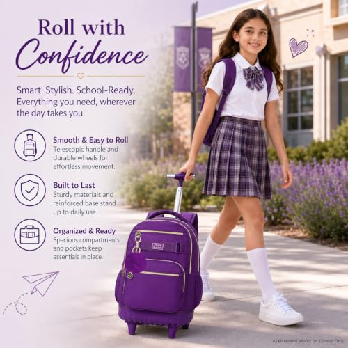 HPJGD 3PCS Girls Rolling Backpack, Womens Dark Purple School Backpacks with Wheels, Water Resistant Roller Kids Wheeled Bookbag Set - color: Classic Dark Purple Rolling Backpack Set