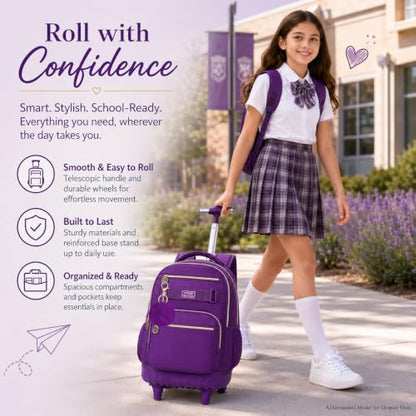 HPJGD 3PCS Girls Rolling Backpack, Womens Dark Purple School Backpacks with Wheels, Water Resistant Roller Kids Wheeled Bookbag Set - color: Classic Dark Purple Rolling Backpack Set