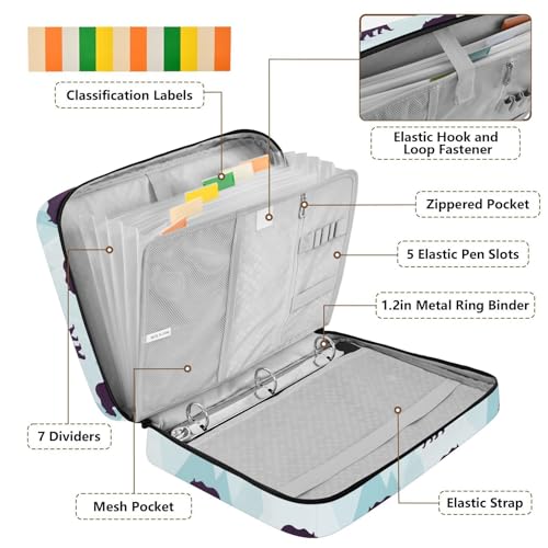 Heavy-Duty 3-Hole Ring System Binder Organizer Portfolio with 7-Pocket Expandable Filing Layer and Inner Stationery Pockets for School Office Documents Bears Purple