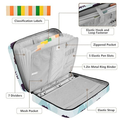 Heavy-Duty 3-Hole Ring System Binder Organizer Portfolio with 7-Pocket Expandable Filing Layer and Inner Stationery Pockets for School Office Documents Bears Purple