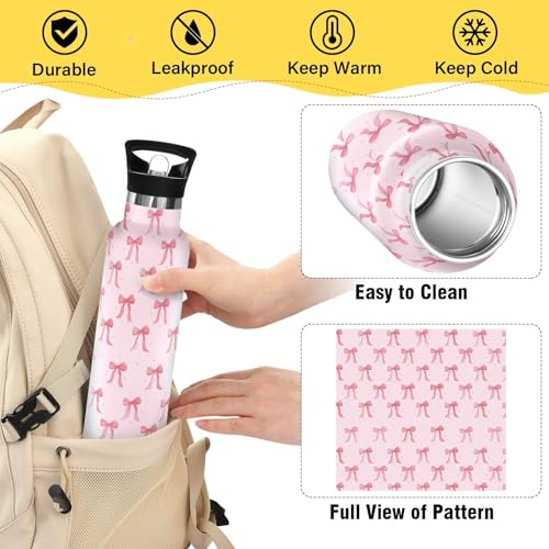 Insulated Water Bottle with Straw Cute Pink Ribbon Bow 20 Oz Kids Stainless Steel Water Flask Sports Travel Mug for Boys Girls - color: Multi04